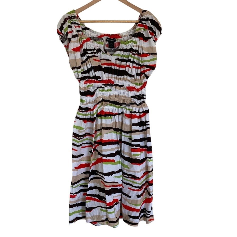 Ashley Stewart Multicolor Smocked Waist Striped Retro Dress Size 16 Summer Pinup